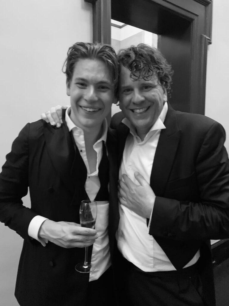 Klaus Mäkelä and Dominic Seldis, principal Double Bass, celebrating after the concert © Clare Varney