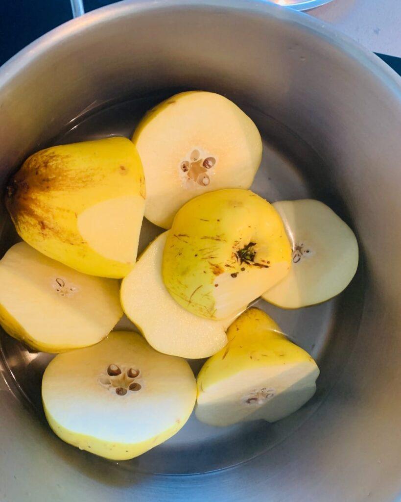 Cut up the quinces keeping the pips and skin which are both excellent sources of pectin ensuring a good set