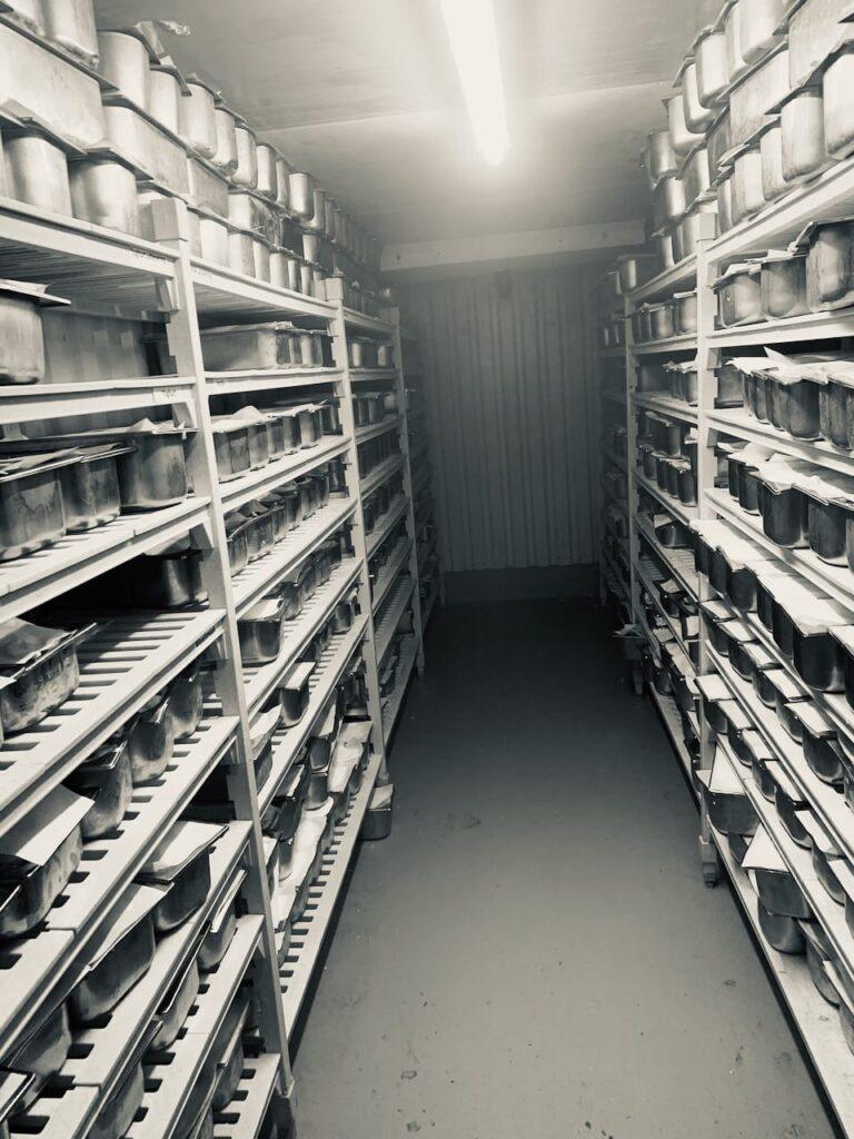Row upon row of freshly made ice-cream stored in these huge walk-in freezers