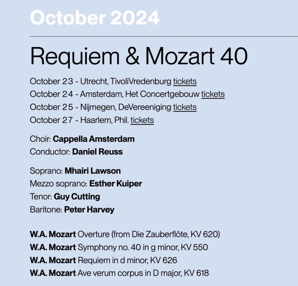 The programme details Requiem & Mozart 40