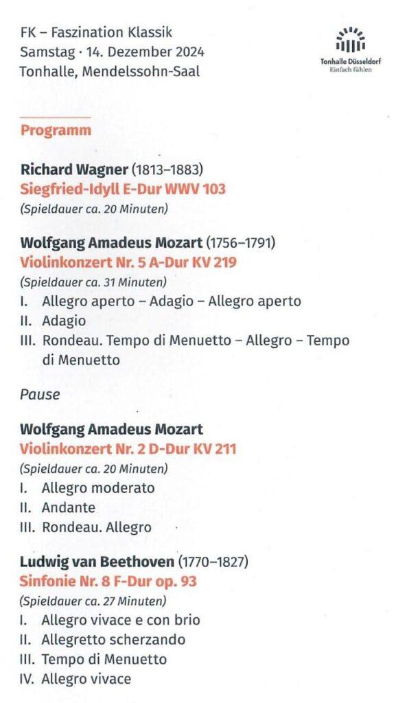 Programme Tonhalle Dusseldorf Dec 2024